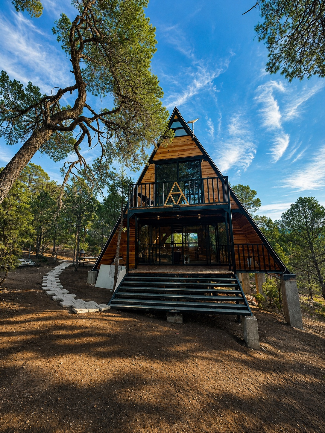 Fachada de Cabaña El Amanecer entre pinos